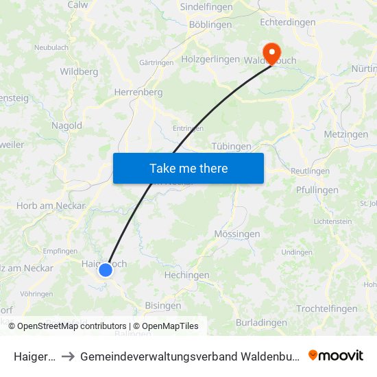 Haigerloch to Gemeindeverwaltungsverband Waldenbuch / Steinenbronn map