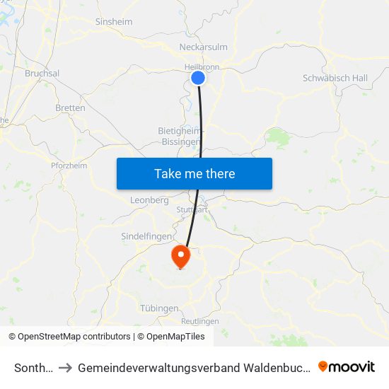 Sontheim to Gemeindeverwaltungsverband Waldenbuch / Steinenbronn map