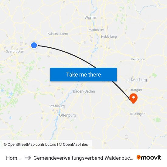 Homburg to Gemeindeverwaltungsverband Waldenbuch / Steinenbronn map