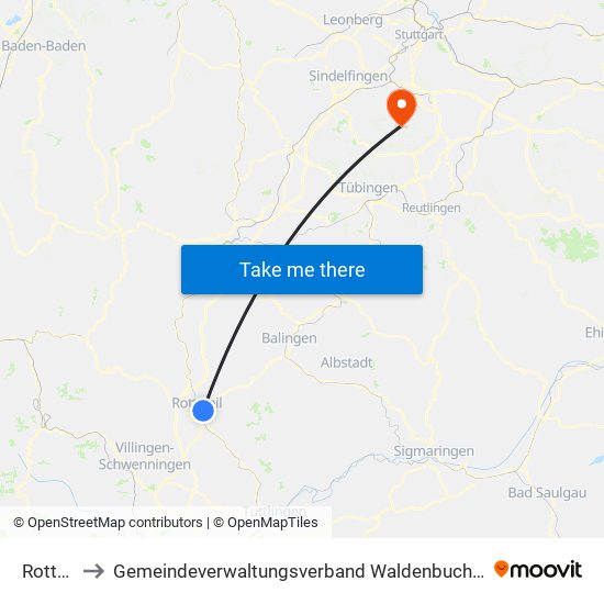 Rottweil to Gemeindeverwaltungsverband Waldenbuch / Steinenbronn map