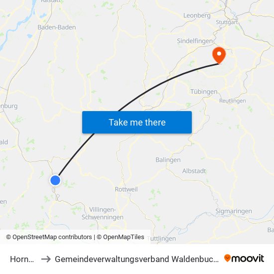 Hornberg to Gemeindeverwaltungsverband Waldenbuch / Steinenbronn map