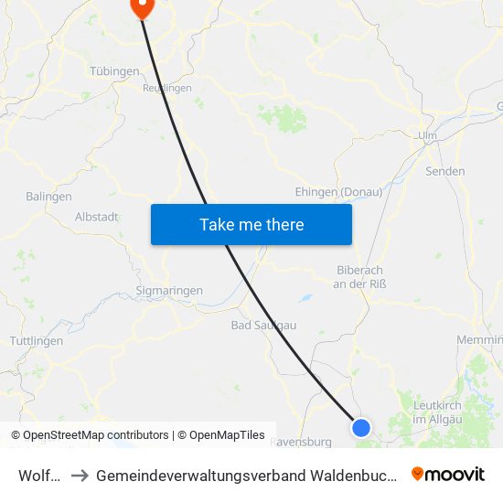 Wolfegg to Gemeindeverwaltungsverband Waldenbuch / Steinenbronn map