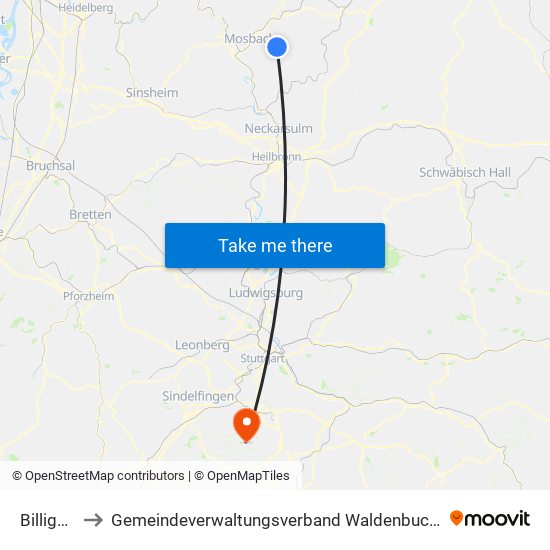 Billigheim to Gemeindeverwaltungsverband Waldenbuch / Steinenbronn map