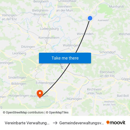 Vereinbarte Verwaltungsgemeinschaft Der Stadt Backnang to Gemeindeverwaltungsverband Waldenbuch / Steinenbronn map