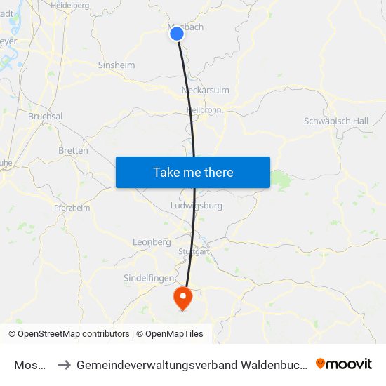 Mosbach to Gemeindeverwaltungsverband Waldenbuch / Steinenbronn map