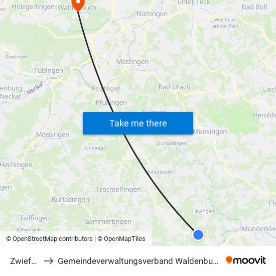 Zwiefalten to Gemeindeverwaltungsverband Waldenbuch / Steinenbronn map