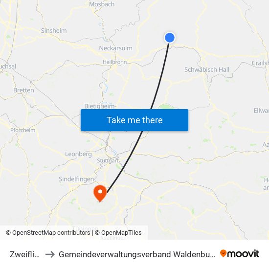 Zweiflingen to Gemeindeverwaltungsverband Waldenbuch / Steinenbronn map