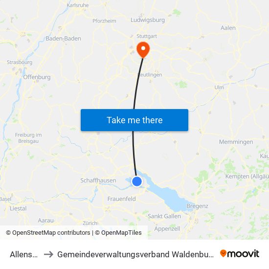 Allensbach to Gemeindeverwaltungsverband Waldenbuch / Steinenbronn map