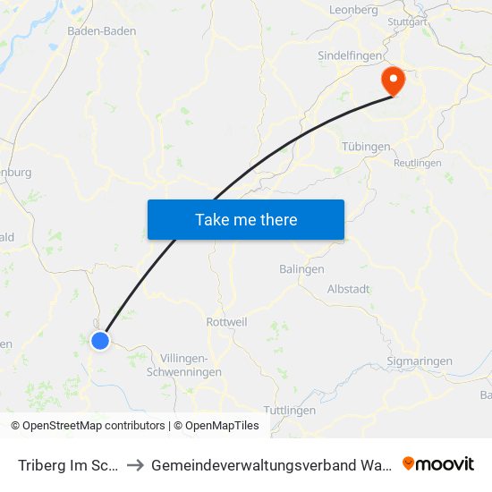 Triberg Im Schwarzwald to Gemeindeverwaltungsverband Waldenbuch / Steinenbronn map