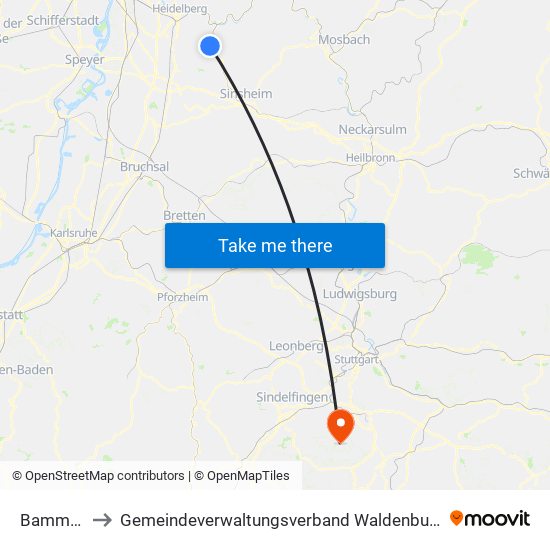 Bammental to Gemeindeverwaltungsverband Waldenbuch / Steinenbronn map