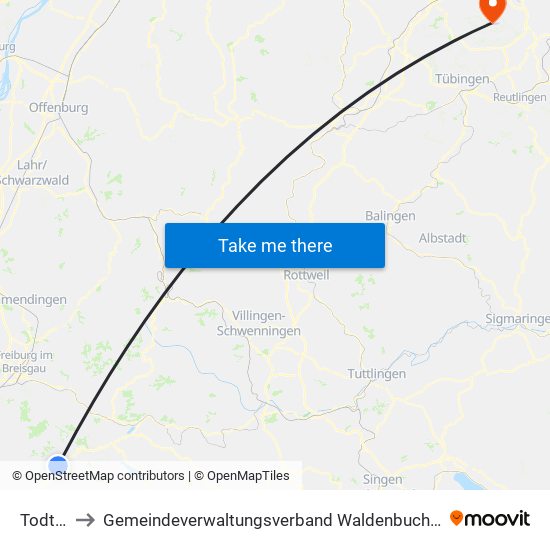 Todtnau to Gemeindeverwaltungsverband Waldenbuch / Steinenbronn map