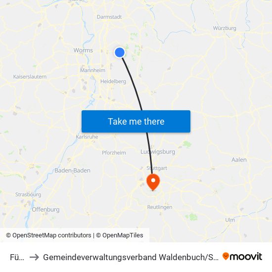 Fürth to Gemeindeverwaltungsverband Waldenbuch / Steinenbronn map