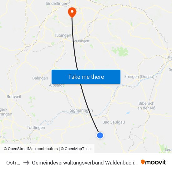 Ostrach to Gemeindeverwaltungsverband Waldenbuch / Steinenbronn map