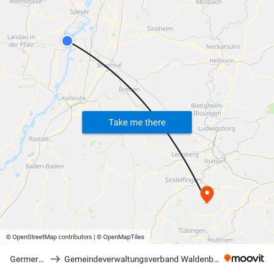 Germersheim to Gemeindeverwaltungsverband Waldenbuch / Steinenbronn map