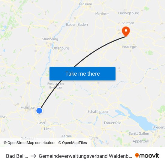 Bad Bellingen to Gemeindeverwaltungsverband Waldenbuch / Steinenbronn map