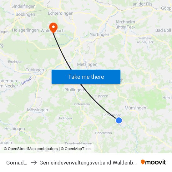 Gomadingen to Gemeindeverwaltungsverband Waldenbuch / Steinenbronn map