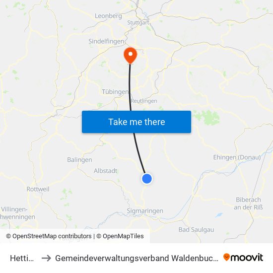 Hettingen to Gemeindeverwaltungsverband Waldenbuch / Steinenbronn map