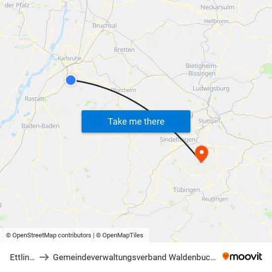 Ettlingen to Gemeindeverwaltungsverband Waldenbuch / Steinenbronn map