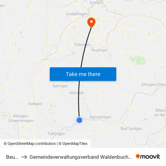 Beuron to Gemeindeverwaltungsverband Waldenbuch / Steinenbronn map