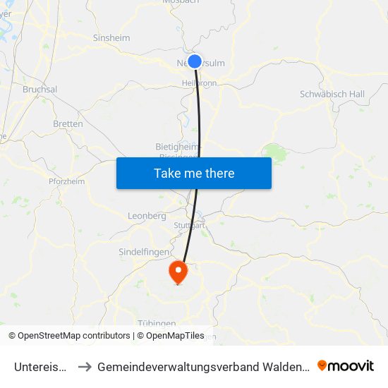 Untereisesheim to Gemeindeverwaltungsverband Waldenbuch / Steinenbronn map