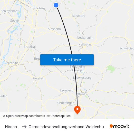 Hirschhorn to Gemeindeverwaltungsverband Waldenbuch / Steinenbronn map