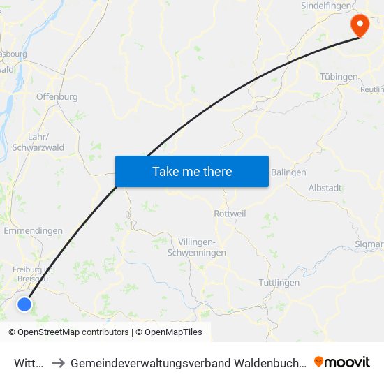 Wittnau to Gemeindeverwaltungsverband Waldenbuch / Steinenbronn map