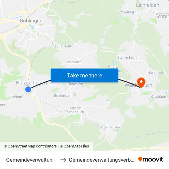 Gemeindeverwaltungsverband Holzgerlingen to Gemeindeverwaltungsverband Waldenbuch / Steinenbronn map
