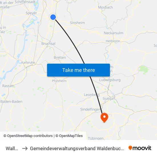 Walldorf to Gemeindeverwaltungsverband Waldenbuch / Steinenbronn map