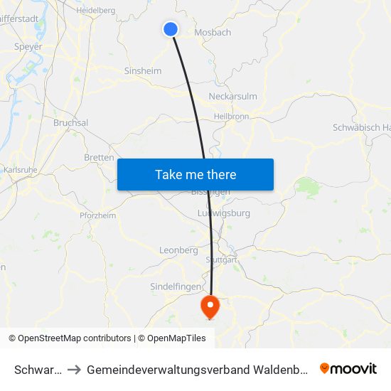 Schwarzach to Gemeindeverwaltungsverband Waldenbuch / Steinenbronn map