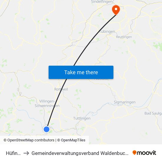 Hüfingen to Gemeindeverwaltungsverband Waldenbuch / Steinenbronn map