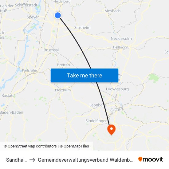 Sandhausen to Gemeindeverwaltungsverband Waldenbuch / Steinenbronn map
