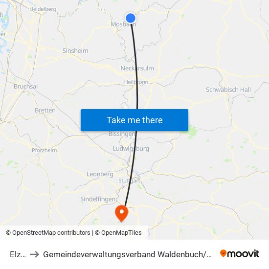 Elztal to Gemeindeverwaltungsverband Waldenbuch / Steinenbronn map