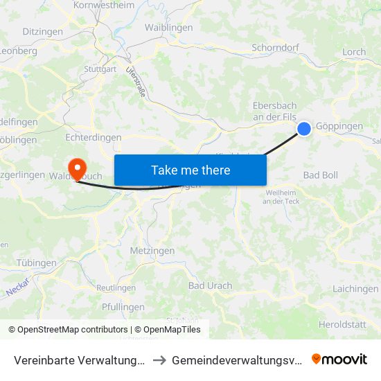 Vereinbarte Verwaltungsgemeinschaft Der Stadt Uhingen to Gemeindeverwaltungsverband Waldenbuch / Steinenbronn map