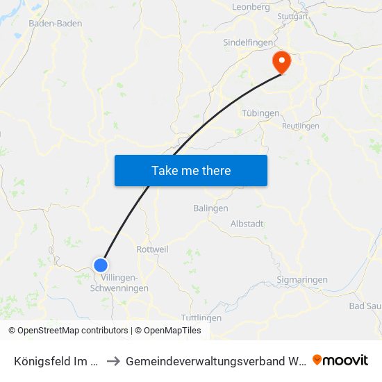 Königsfeld Im Schwarzwald to Gemeindeverwaltungsverband Waldenbuch / Steinenbronn map