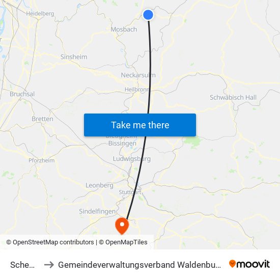 Schefflenz to Gemeindeverwaltungsverband Waldenbuch / Steinenbronn map