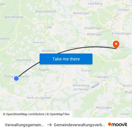 Verwaltungsgemeinschaft Pfalzgrafenweiler to Gemeindeverwaltungsverband Waldenbuch / Steinenbronn map