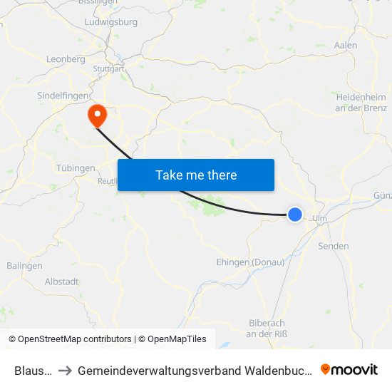 Blaustein to Gemeindeverwaltungsverband Waldenbuch / Steinenbronn map