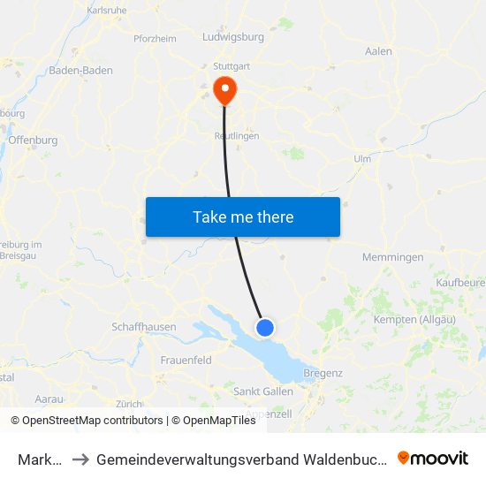 Markdorf to Gemeindeverwaltungsverband Waldenbuch / Steinenbronn map