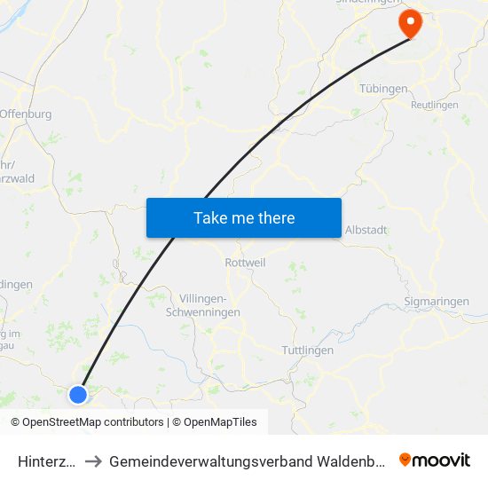 Hinterzarten to Gemeindeverwaltungsverband Waldenbuch / Steinenbronn map