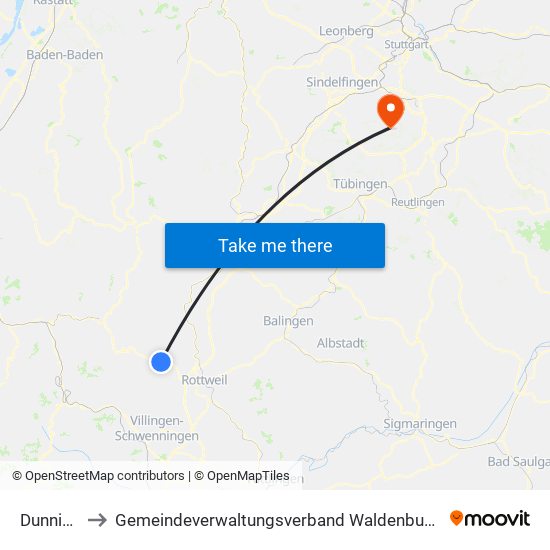 Dunningen to Gemeindeverwaltungsverband Waldenbuch / Steinenbronn map