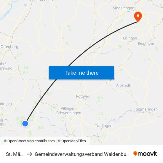 St. Märgen to Gemeindeverwaltungsverband Waldenbuch / Steinenbronn map