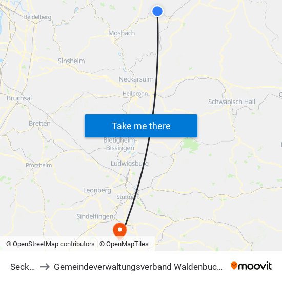 Seckach to Gemeindeverwaltungsverband Waldenbuch / Steinenbronn map