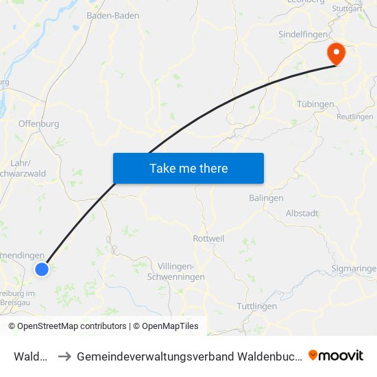 Waldkirch to Gemeindeverwaltungsverband Waldenbuch / Steinenbronn map