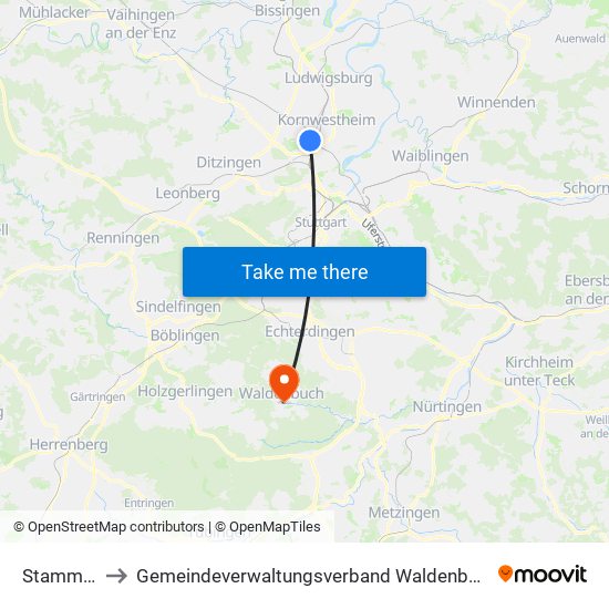 Stammheim to Gemeindeverwaltungsverband Waldenbuch / Steinenbronn map