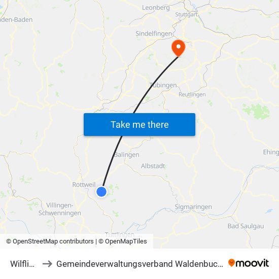 Wilflingen to Gemeindeverwaltungsverband Waldenbuch / Steinenbronn map
