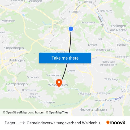 Degerloch to Gemeindeverwaltungsverband Waldenbuch / Steinenbronn map