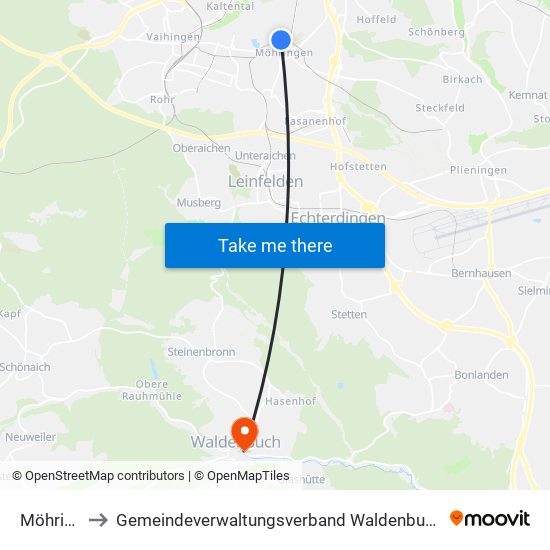 Möhringen to Gemeindeverwaltungsverband Waldenbuch / Steinenbronn map