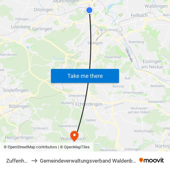 Zuffenhausen to Gemeindeverwaltungsverband Waldenbuch / Steinenbronn map