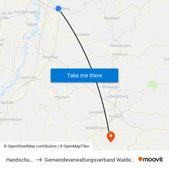 Handschuhsheim to Gemeindeverwaltungsverband Waldenbuch / Steinenbronn map
