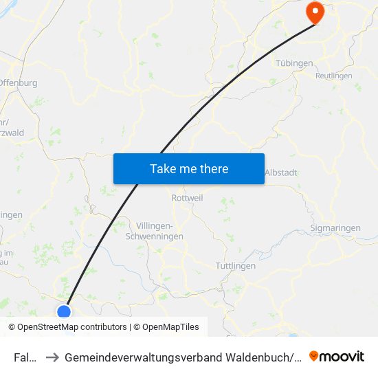 Falkau to Gemeindeverwaltungsverband Waldenbuch / Steinenbronn map